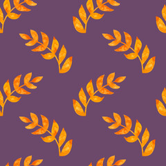 Seamless pattern of yellow twig leaves painted with watercolors on a purple background. For fabric, sketchbook, wallpaper, wrapping paper. Hand painted floral elements. Drawn Botanical. watercolor