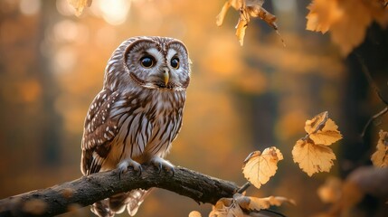Brown and white patterned owl sitting on a branch, looking serene in a natural forest setting, its feathers ruffled.