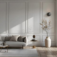 Aesthetic elegant classic interior design. Clear mock up empty wall for decoration in the apartment. Copy space in the room with moldings. Neutral palette of natural colors