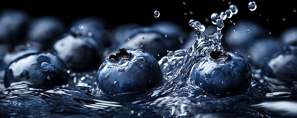 Fresh blueberry splashing in water with vibrant droplets