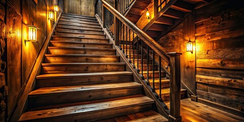 Dramatic high-contrast lighting on a worn wooden staircase