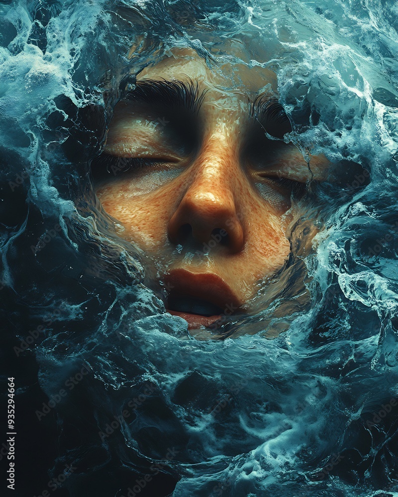 Poster drowning silence surreal image of figure submerged dark endless ocean surrounded wave of abstract sw