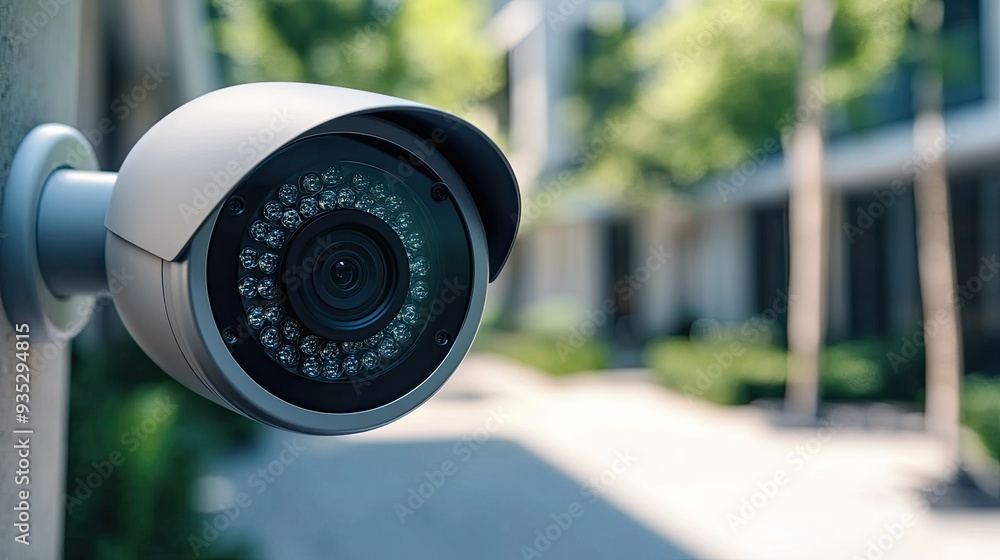 Poster close-up view of a modern home security camera with sleek design, capturing every detail with precis