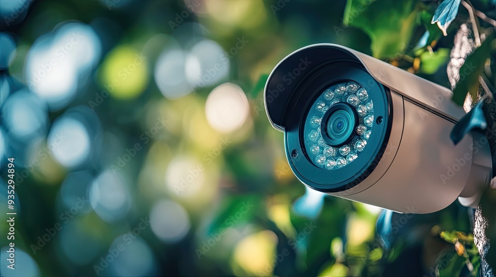Poster close-up view of a modern home security camera with sleek design, capturing every detail with precis