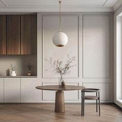 Aesthetic elegant classic interior design. Clear mock up empty wall for decoration in the apartment. Copy space in the room with moldings. Neutral palette of natural colors