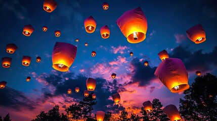 Naklejka premium Colorful flying lanterns lighting up the night sky during the Mid-Autumn festival, with an orange and purple gradient.