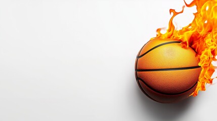 A basketball is on fire and is surrounded by flames. The image has a dramatic and intense mood