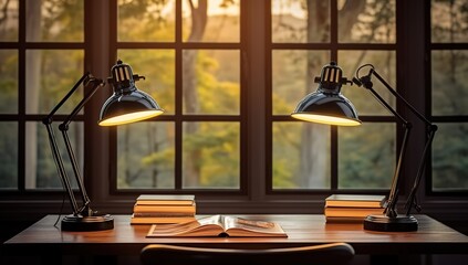 An elegant desk lamp casting soft light on an open book    