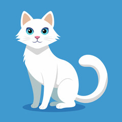 Cartoon white cat with blue eyes sitting and looking forward on blue background