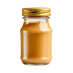 Glass bottle with golden lid filled with caramel sauce