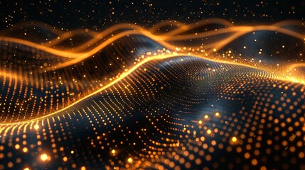 Vector flowing gold dots, gold particles wave pattern 3D curve halftone isolated on dark background. Vector concept of technology, science, music, modern
