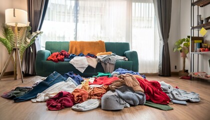 Clothes mess in the room, full of dress on the floor