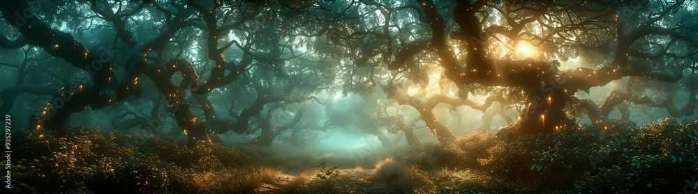 Poster ethereal forest of forgotten memories mystical forest where tree made of light mist their branch int
