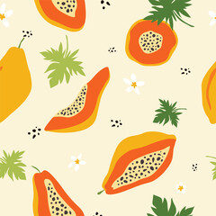 Papaya seamless pattern. Half papaya fruit seamless pattern. Papaya with leaf background for fabric, wrapping paper, wallpaper, textile, packaging, cover, interior, decoration, and other use.