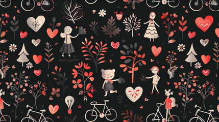 Whimsical seamless pattern of love, trees, and people in a folk art style