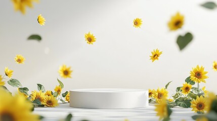 Minimalist product podium surrounded by sunflower leaves in motion, with a clean, white background.