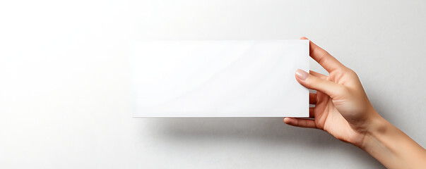 A close-up image of a hand holding a blank white flyer, perfect for design mockups or showcasing brochure designs