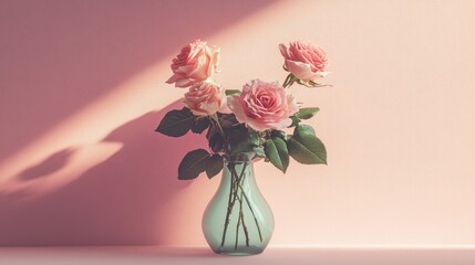 Fototapeta premium Pink roses in a vase, standing out against a pink wall, capturing a moment of delicate beauty in a minimal setting.