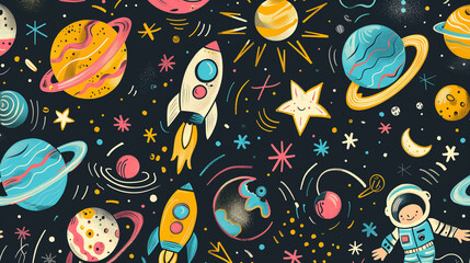 Playful seamless pattern of astronauts, planets, and stars in a colorful universe