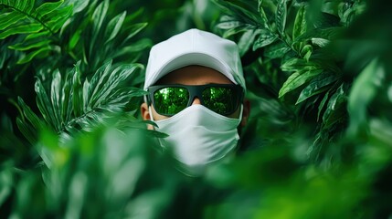 Person Camouflaged with Jungle Greenery Wearing Sunglasses and White Hat