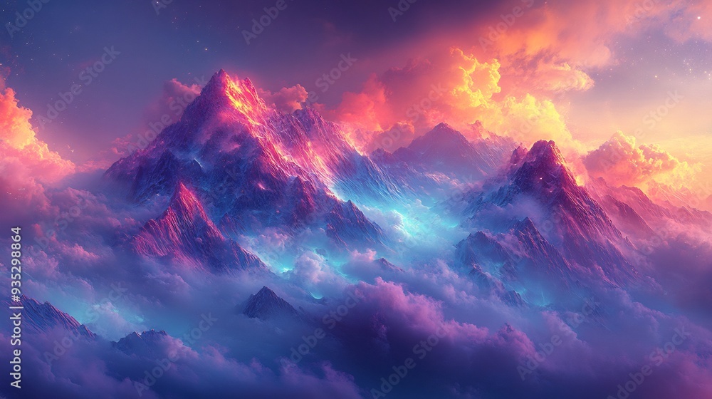 Poster etheric mountain range of shifting hues mountain range that appears to be made of pure color