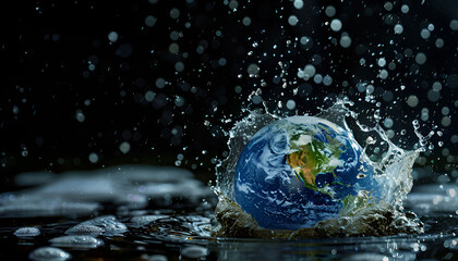 planet earth with splashes and drops of water