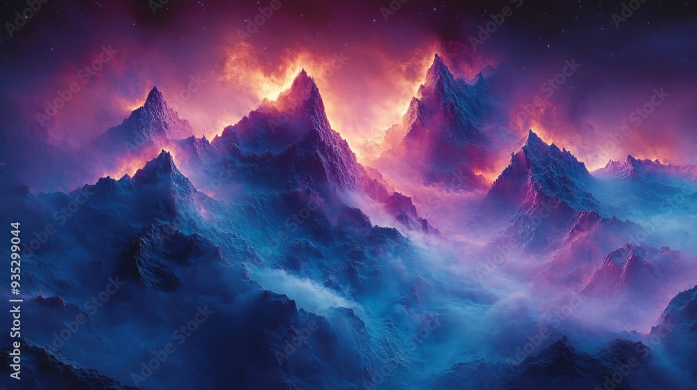 Poster etheric mountain range of shifting hues mountain range that appears to be made of pure color