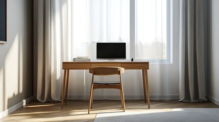 Simple study table with a sleek design, set near a child's bedroom window, emphasizing minimalism and functionality.