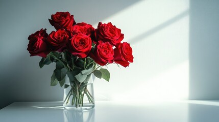 Simple yet beautiful display of red roses on a white table, standing out against the clean white surroundings.