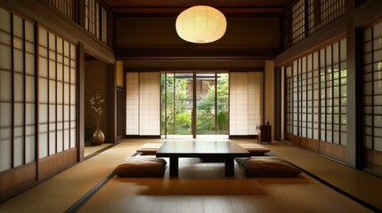 Traditional Japanese living room with minimalist design, showcasing simplicity, natural textures, and harmonious layout.