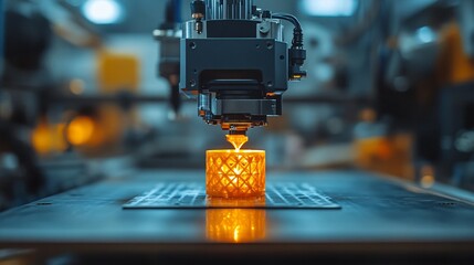 3D maker's workshop, there's an SLA 3D printer and a laptop on the table, representing the concept of 3D printing. Workplace for engineering tasks