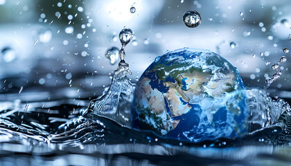 planet earth with splashes and drops of water