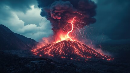 Volcanic lightning illuminating the dark sky above an erupting volcano, creating a stunning and fearsome natural display.