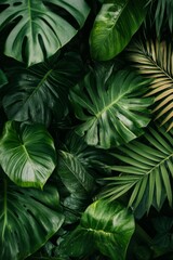 Lush green tropical leaves, a variety of textures and shapes, create a vibrant natural backdrop.