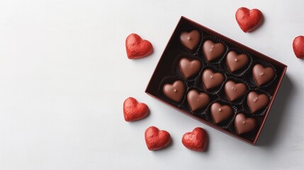 Heart-shaped chocolates in a red box with additional red foil hearts.