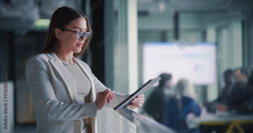 Aufkleber portrait of a caucasian businesswoman standing outside a conference room with people having a meetin