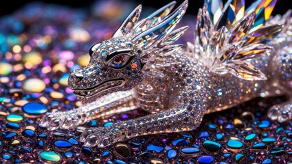 The intricately crafted dragon glimmers amid an array of vibrant, shiny stones