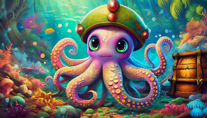 Obraz premium oil painting style , cartoon character illustration, octopus, animal, under the sea, under the surface, lost treasure, pirate's treasure,