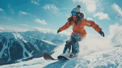 A young girl in colorful sportswear glides down a snowy slope, surrounded by majestic mountains under a clear blue sky, her joyful expression capturing the thrill of winter sports