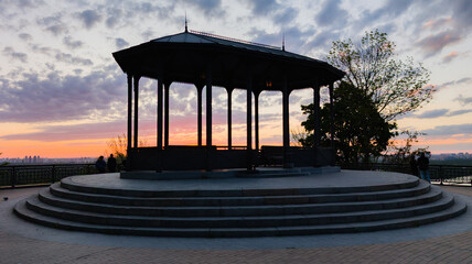 Gazebo and viewing deck on Volodymyrsky Hill in Kyiv in the early morning, Ukraine.