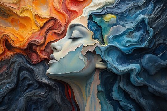 Fragmented Mind Chaotic World surreal image of person head splitting into multiple abstract piece each fragment representing different mental health condition background chaotic swirl of color shape