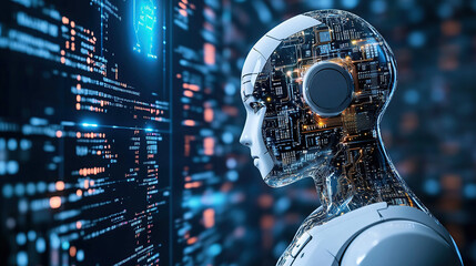 A robot head with circuit board patterns and digital screens