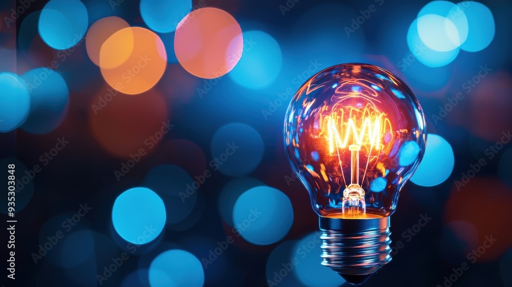 Poster illuminated light bulb with colorful bokeh background in abstract style