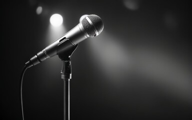 Black and white microphone on stand in dimly lit room with blurr