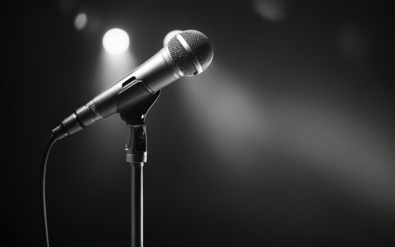 Black and white microphone on stand in dimly lit room with blurr