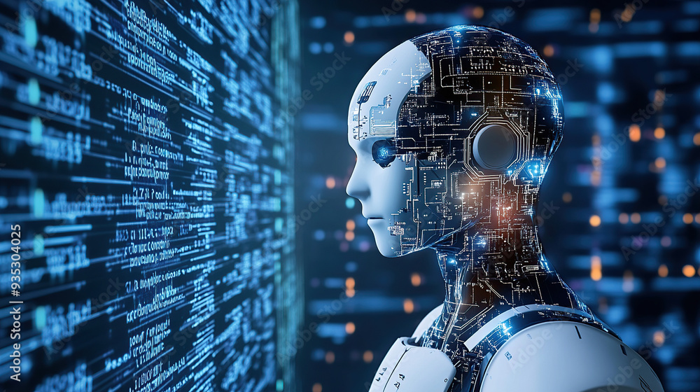 Poster a robot head with circuit board patterns and digital screens