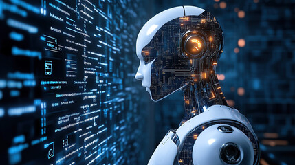 A robot head with circuit board patterns and digital screens