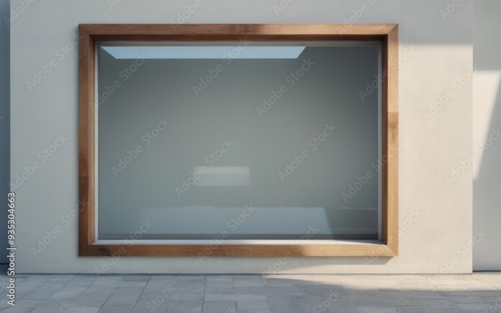 Poster modern rectangular window with wooden frame on building side, re
