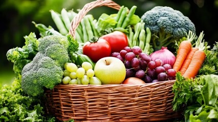 Fototapeta premium A wicker basket with vegetables and fruits on the background of the garden symbolizes a healthy diet
