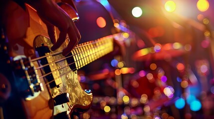 Obraz premium Bass Guitar Performance On Stage with Blurry Lights.